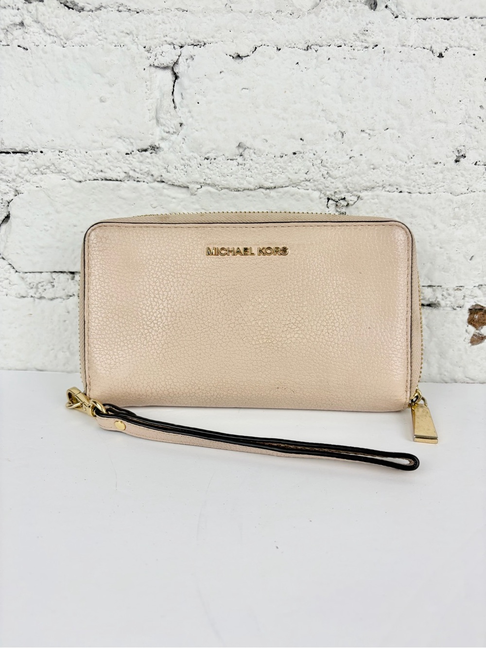 Michael Kors Leather Pink Tan Saffiano Zip Around Wristlet Wallet